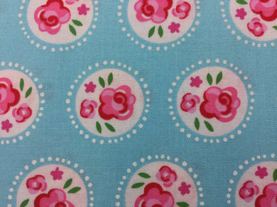 Fabric - Pink Circle Flowers on Blue