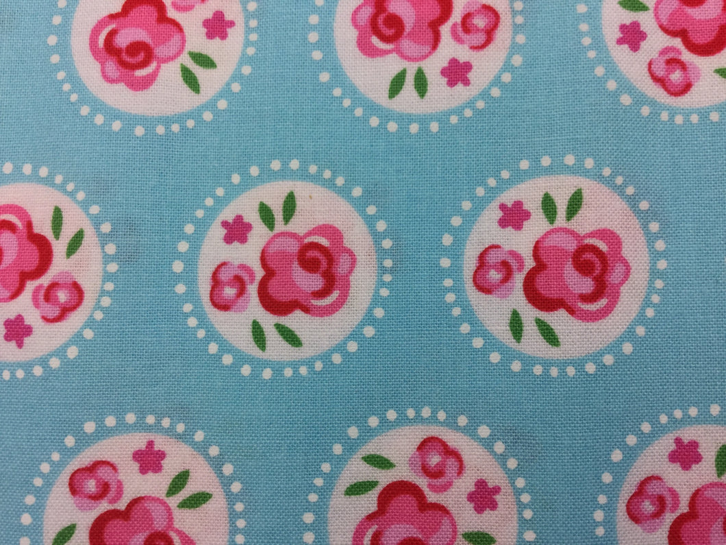 Fabric - Pink Circle Flowers on Blue