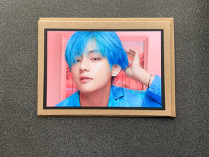 BTS - V - Tae - Kim Tae Hyung - Blue Hair - Pink Background - Greeting Card etc