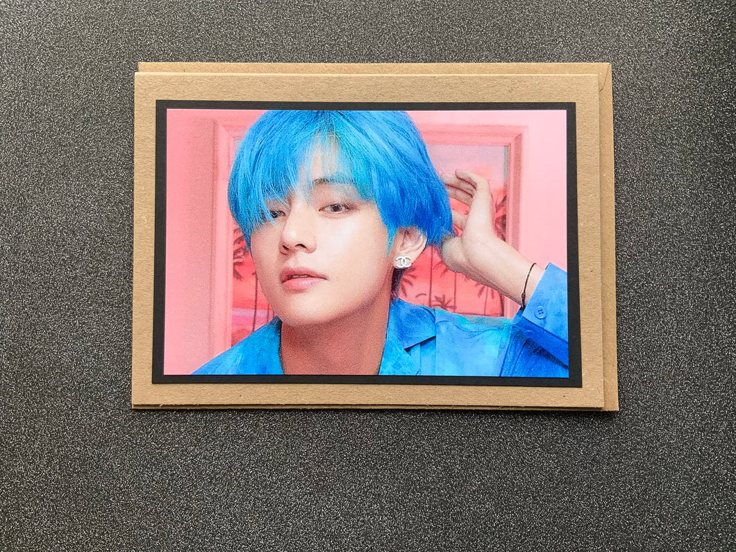 BTS - V - Tae - Kim Tae Hyung - Blue Hair - Pink Background - Greeting Card etc