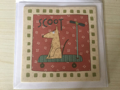 Fabric - Googly Eyed Dog on a Scooter - Childrens - Greeting Card