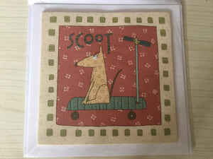 Fabric - Googly Eyed Dog on a Scooter - Childrens - Greeting Card